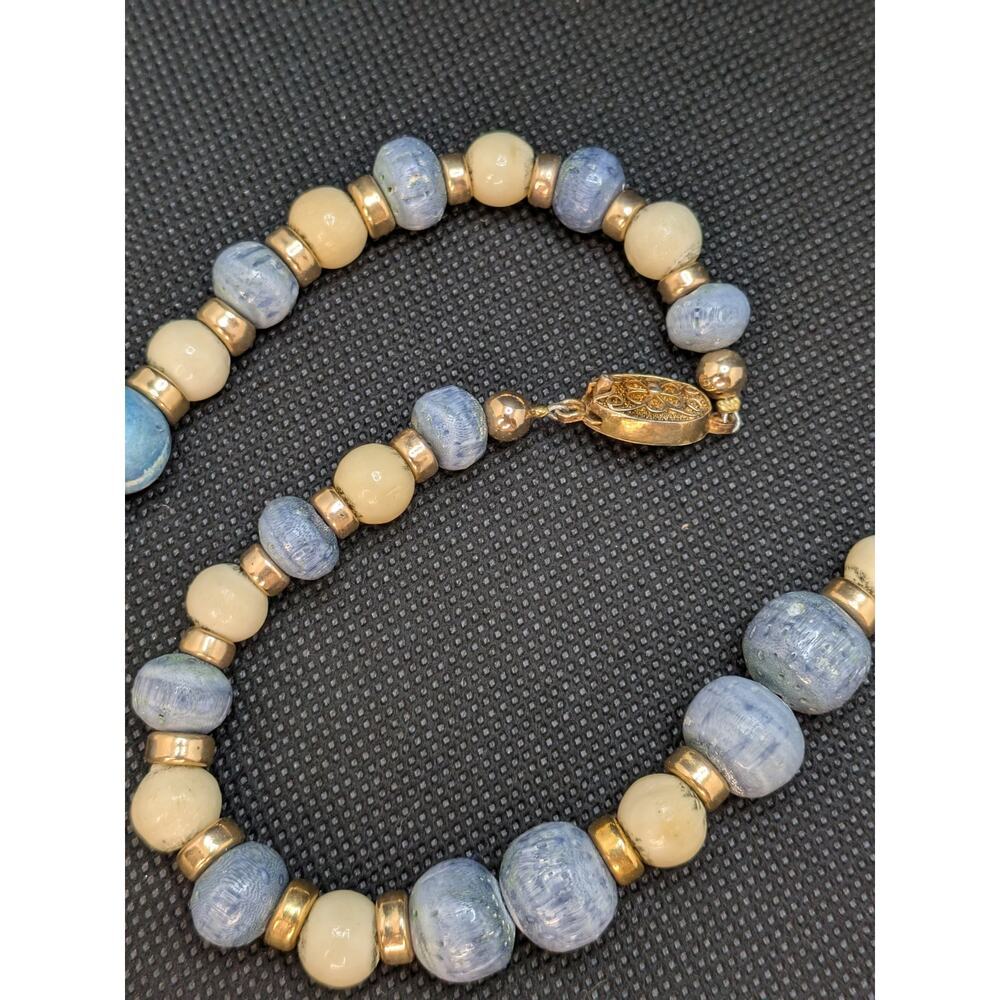 Asian Long Ivory Colored Blue Bead Necklace Oval Pendant 30.5" & "Silver" Clasp - Picture 6 of 8